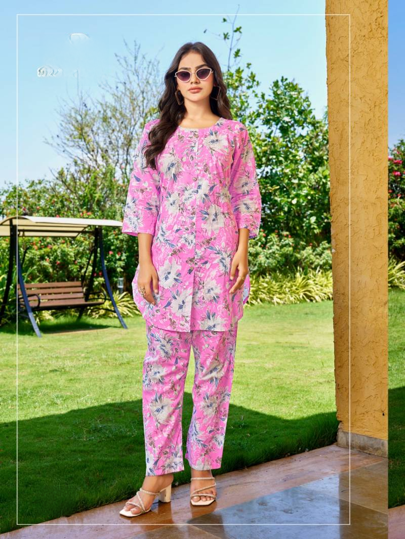 Stylish Printed Cotton Cord set for women Pink Floral (Size Medium)