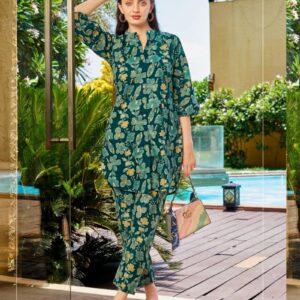 Stylish Printed Cotton Cord set for women Green Floral (Size Medium)
