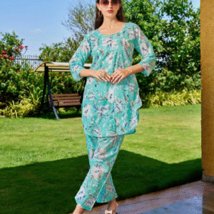 Stylish Printed Cotton Cord set for women Aqua Floral (Size Medium)