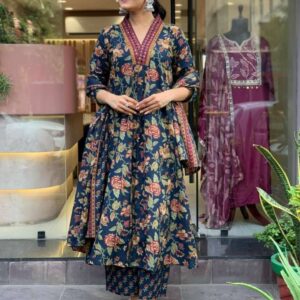 Women's Rayon Viscose Anarkali Printed Kurta with Palazzo & Dupatta (Blue Floral)