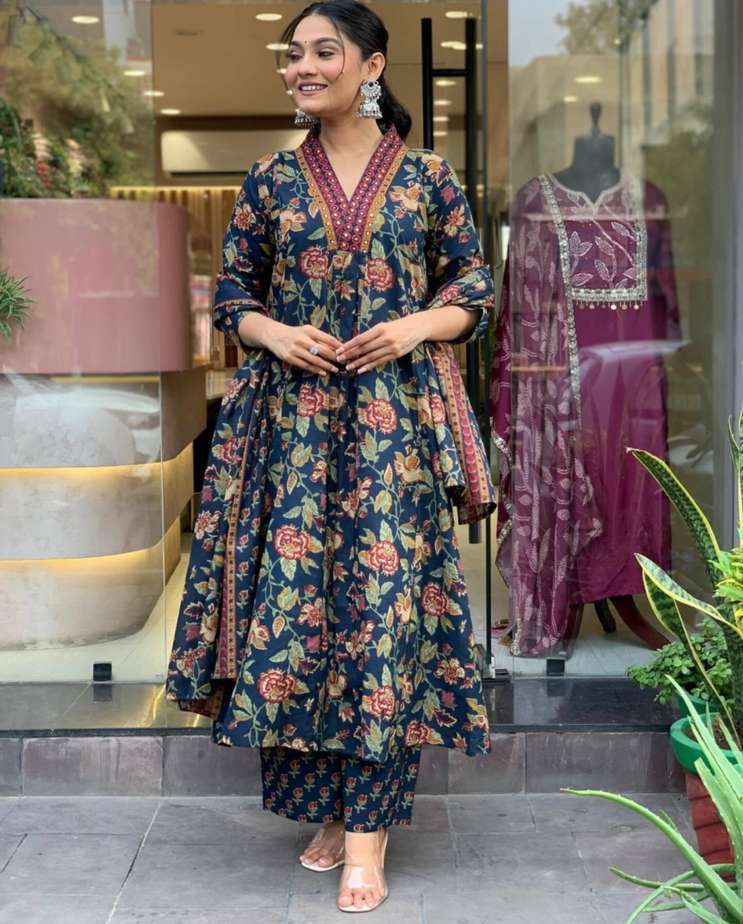 Women’s Rayon Viscose Anarkali Printed Kurta with Palazzo & Dupatta (Blue Floral)