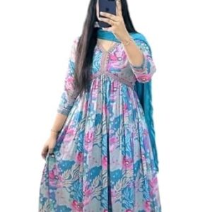 Women Floral Print Anarkali Kurta with Pant and Dupatta Set (Sky Blue Floral)