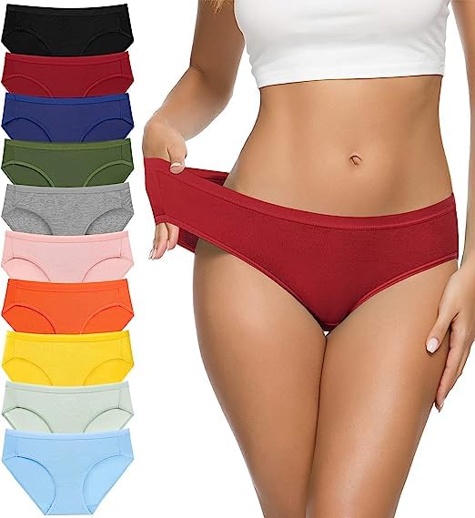Women’s Mid Rise Lycra Cotton Bikini Panties, Mid-Cut Full Coverage Stretch Cool Underwear for Women (Colors and Prints May Vary) (Pack of 10) (Multicolour)