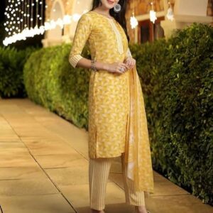 Women's Cotton Straight Printed Kurta Set with Dupatta l Women's Kurta Suit Set l Kurta with Pant Set