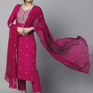 Women's Cotton Blend Embroidered Straight Kurta with Pant & Dupatta (Pink)