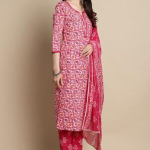 Women's Pink Cotton Blend Jaipuri Printed Kurta Set With Dupatta