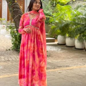 Women Floral Print Anarkali Kurta with Pant and Dupatta Set (Pink Floral)
