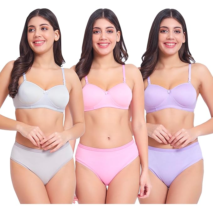 Women’ s Premium Lighlty Padded Bra Panty Set Pack of 3 in (Multicolor)