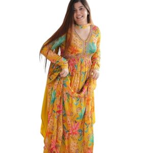 Women Floral Print Anarkali Kurta with Pant and Dupatta Set (Yellow Floral)