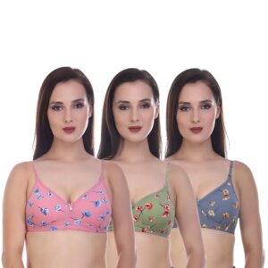 Women's Cotton Blend Lightly Padded Wirefree T-Shirt Bra Combo Floral (Pack of 3)