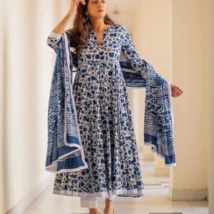 Women's Cotton Printed Anarkali Kurta with Palazzo & Dupatta Set (White Blue Floral)
