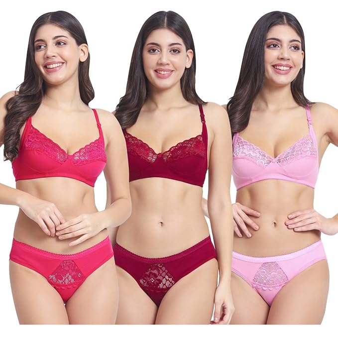 Women’s Cotton Net Lingerie Set | Non-Padded & Wire-Free Bra with Underwear | Multicolor Pack of 3 ( Size – Numeric, 34, Multi Color) Multicolour