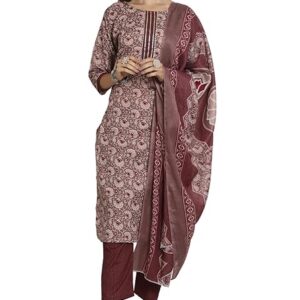 Women's Cotton Blend Floral Printed Kurta Set with Dupatta (Wine)