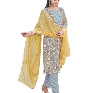 Women's Cotton Blend Printed Kurta Pant with Dupatta Set | Ethnic Set | Suit Set | Kurta Set (yellow)