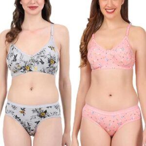 Women s Premium Cotton Printed Non Padded Wire Free Bra Panty Set 2 Pack Combo