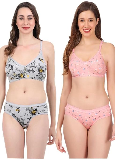 Women s Premium Cotton Printed Non Padded Wire Free Bra Panty Set 2 Pack Combo