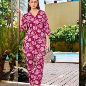 Stylish Printed Cotton Cord set for women Wine Floral Pattern (Size Medium)