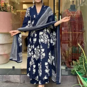 Anarkali Floral Rayon Cotton Kurta, Pyjama & Dupatta Navy Blue