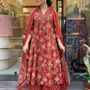 Women's Rayon Viscose Anarkali Printed Kurta with Palazzo & Dupatta (Red Floral)