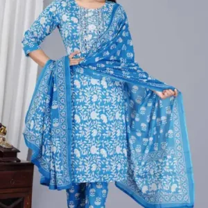 Women Cotton Kurta, Pyjama & Dupatta Set Sky Blue