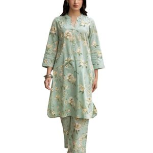 FIORRA Women's Pista Green Cotton Printed Co-ord Set