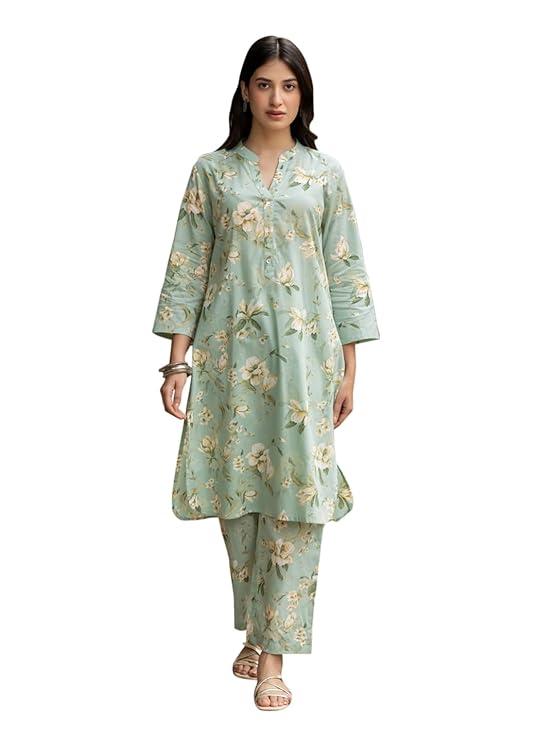 FIORRA Women’s Pista Green Cotton Printed Co-ord Set
