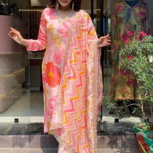 SHIENZY Women's Casual Cotton Blend Floral Printed V Neck Straight Traditional Suit Salwar with Dupatta