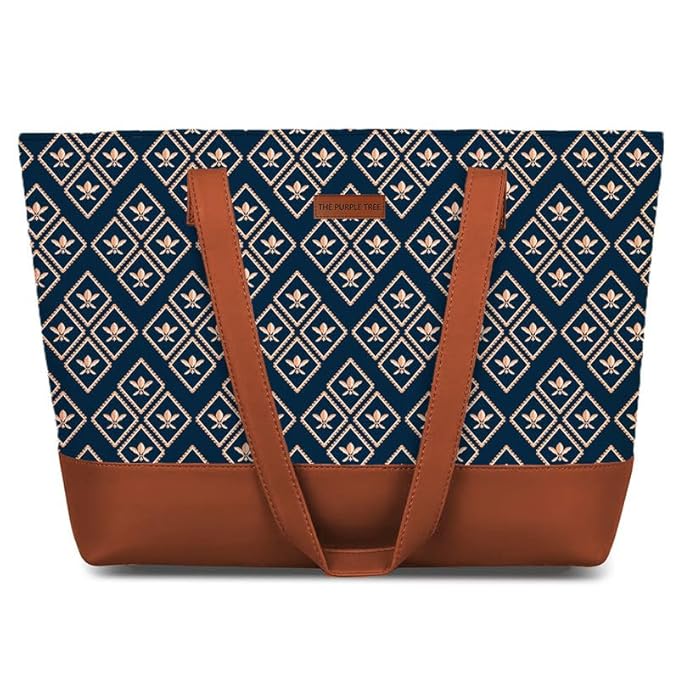 The Purple Tree Handcrafted Women’s Tote Bag with Vegan Leather Handles & Indian Prints, Shoulder Tote Bag and Handbag for Office and College (Pack of 1)