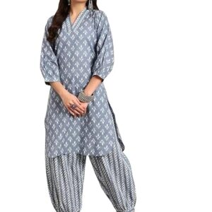 LookMark Women's Trendy Printed Cotton Blend Straight White Color Kurta and Afghani Pant Set