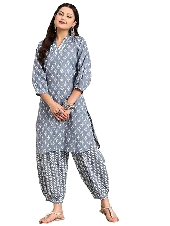 LookMark Women’s Trendy Printed Cotton Blend Straight White Color Kurta and Afghani Pant Set