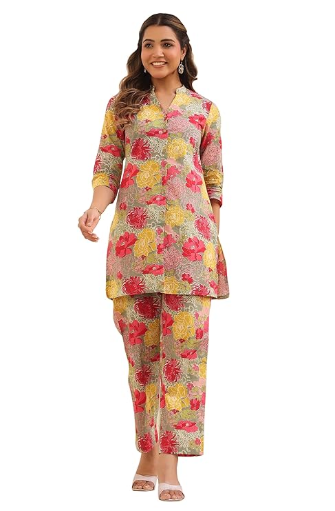 Janasya Women’s Pure Cotton Floral Printed Straight Co-ord Set