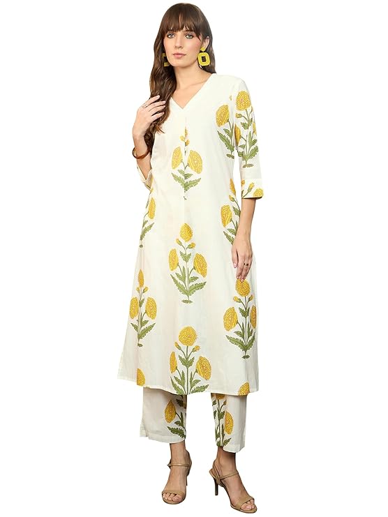 INDO ERA Women’s Pure Cotton Printed Straight Kurta Pant Set