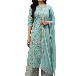 Libas Women's Printed Cotton Straight Kurta With Palazzos & Dupatta