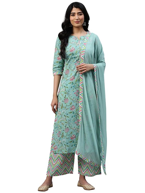 Libas Women’s Printed Cotton Straight Kurta With Palazzos & Dupatta
