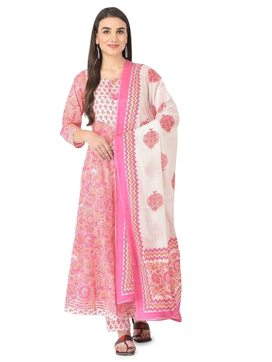 Pistaa’s Women Cotton Anarkali Flair Suit Set