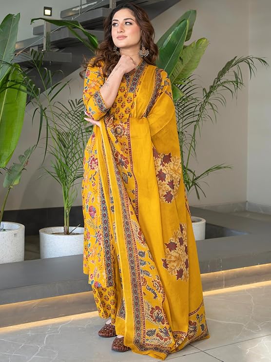 Arayna Women’s Pure Cotton Block Printed Ethnic Wear Kurta Set with Palazzo Pants & Dupatta