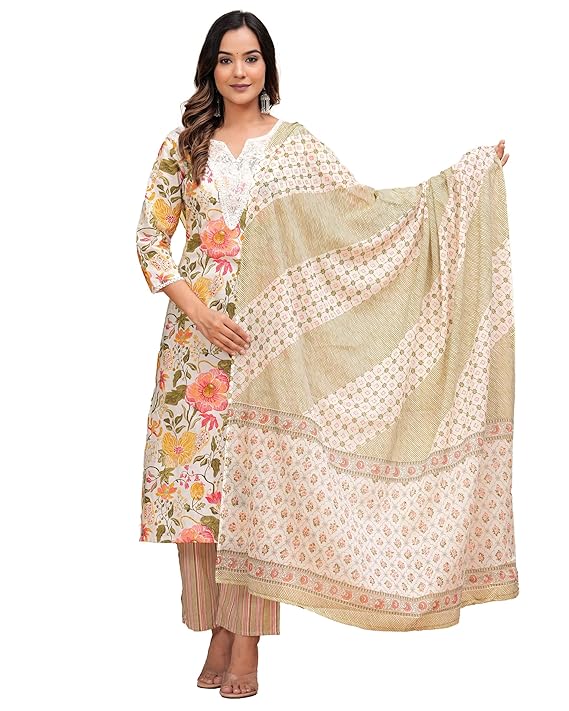 MANHAREE | Women’s Cotton Printed Straight Kurta with Pant & Malmal Dupatta Set