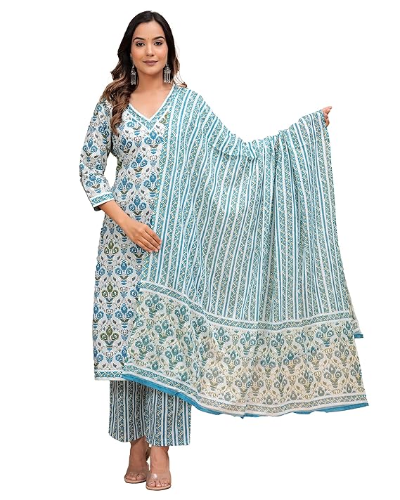 MANHAREE | Women’s Cotton Printed Straight Kurta with Pant & Malmal Dupatta Set