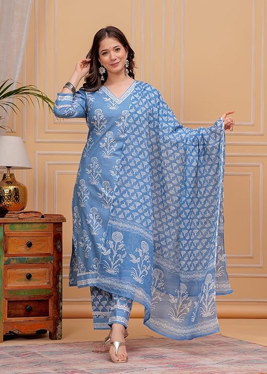 MEERA FAB Women’s Cotton Blend Straight Printed Kurta with Palazzo & Dupatta